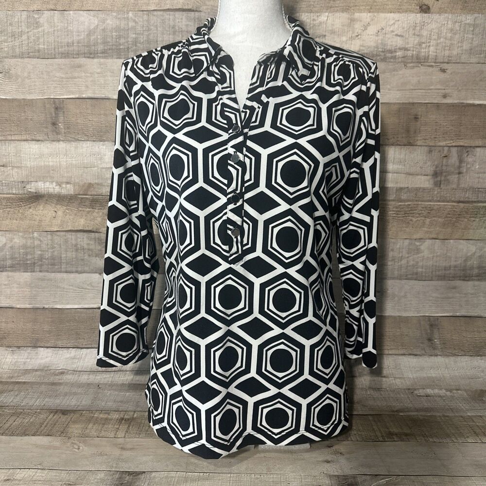 Women's Alfani Long Sleeve Collared Pullover Size P/L Black White